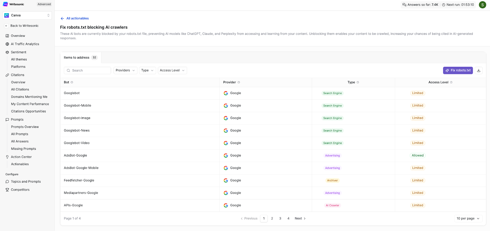 Writesonic GEO Action Center