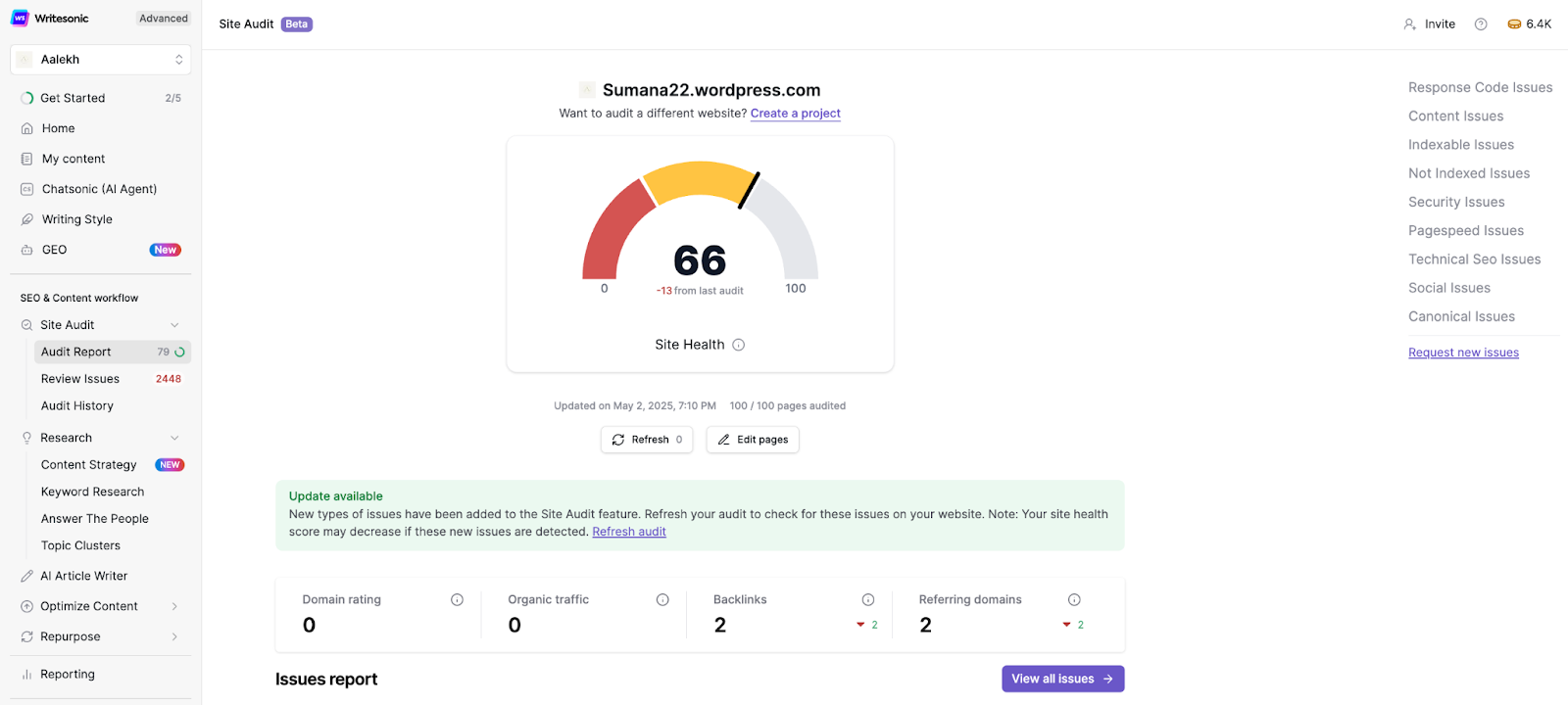Writesonic site audit tool