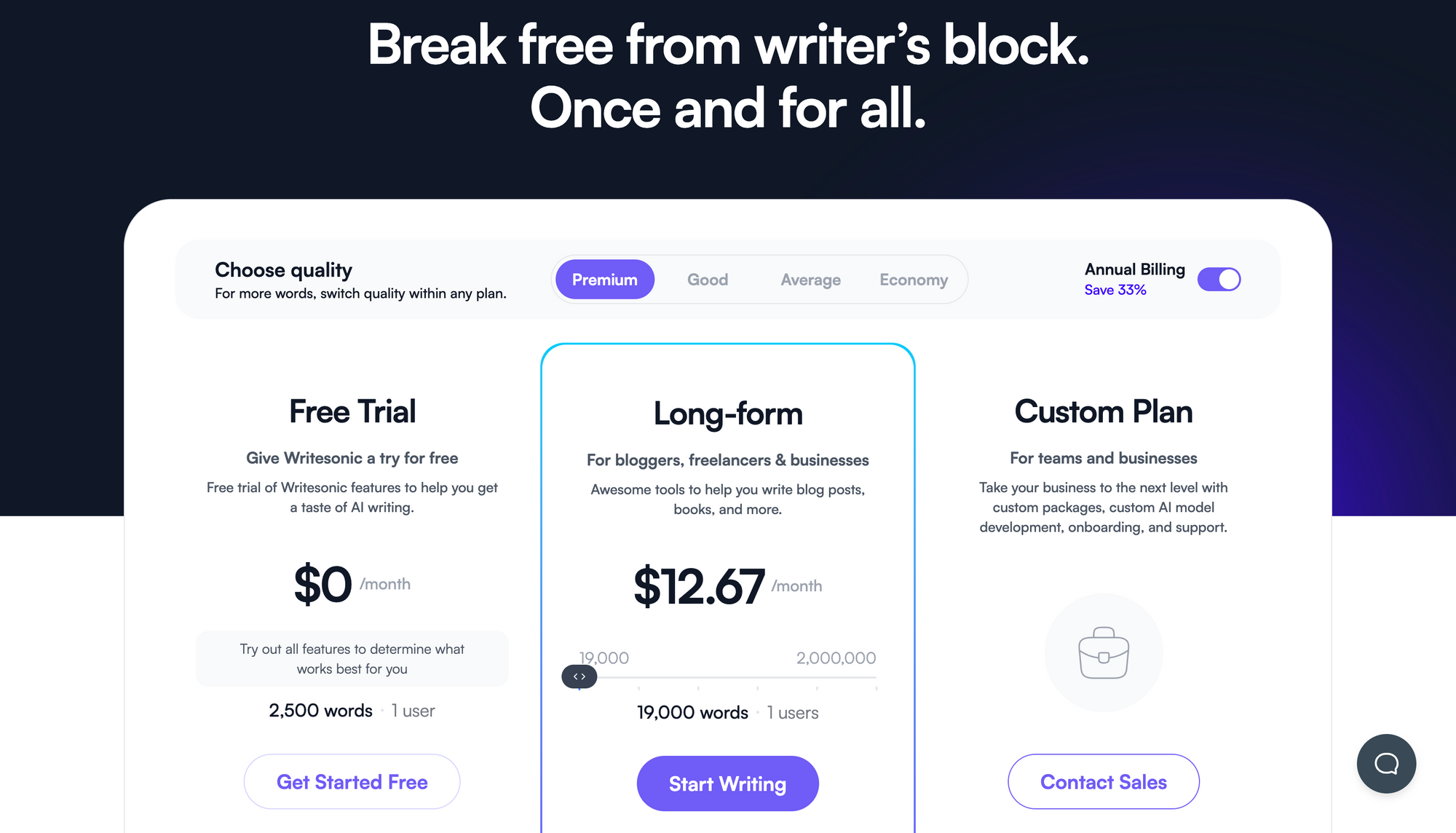 Writesonic pricing - content creation tools