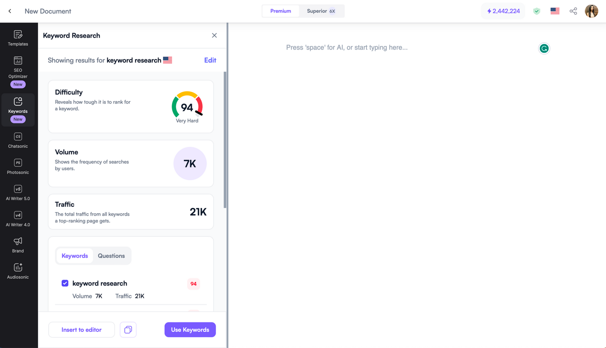 Writesonic keyword research tool - what is seo