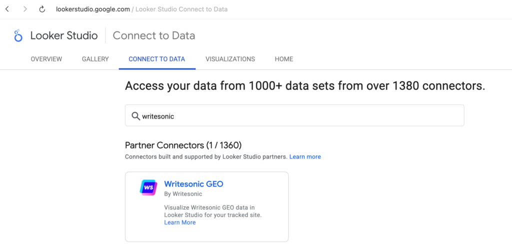 Writesonic GEO Presence connector listing in the Google Looker Studio partner connector gallery