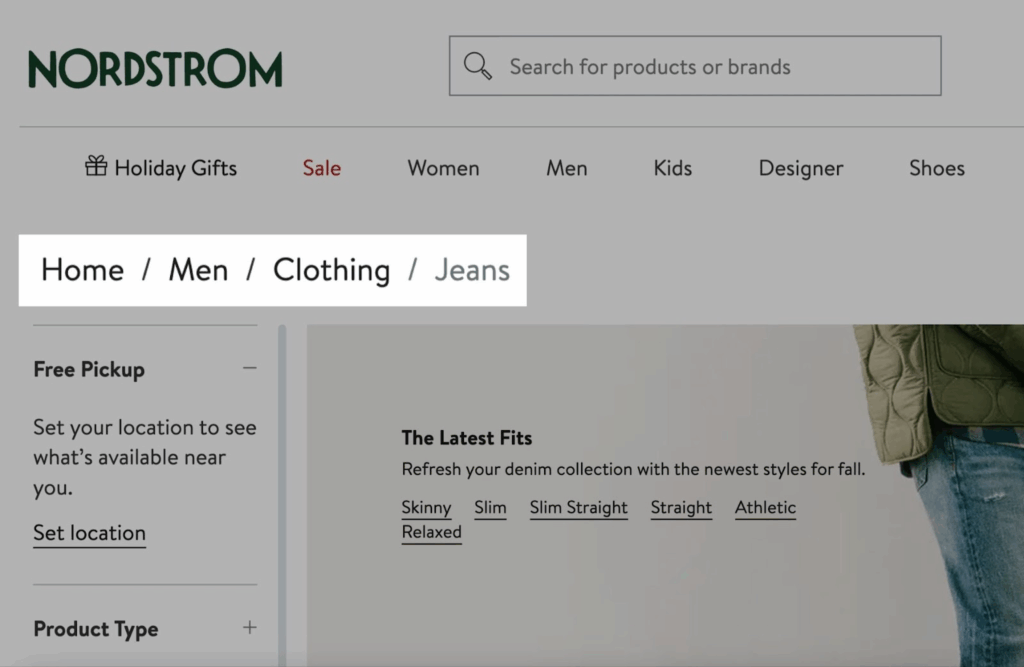 An example of how breadcrumb navigation appears on webpages (Source: Nordstrom)