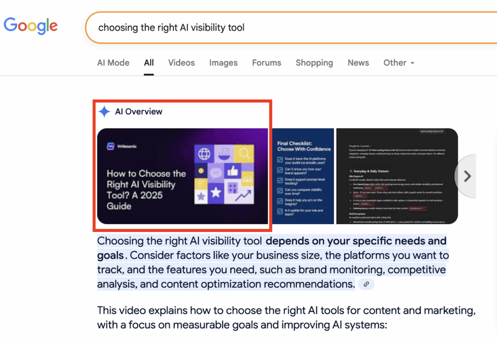 Example of how LLM seeding can help boost AI visibility in Google AI Overviews