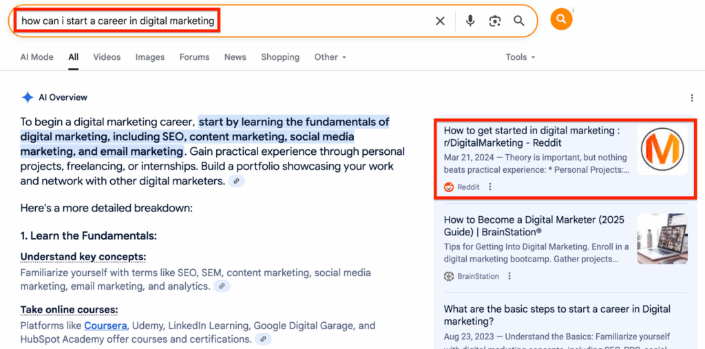 Screenshot of Reddit being cited in Google AI Overviews with the help of LLM seeding.