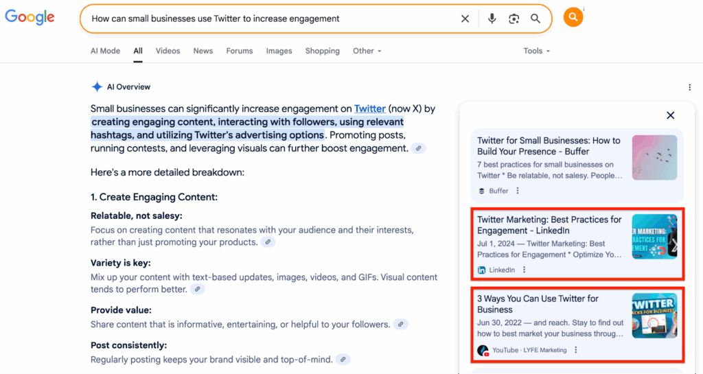 Social media platforms in AI Overview search results.