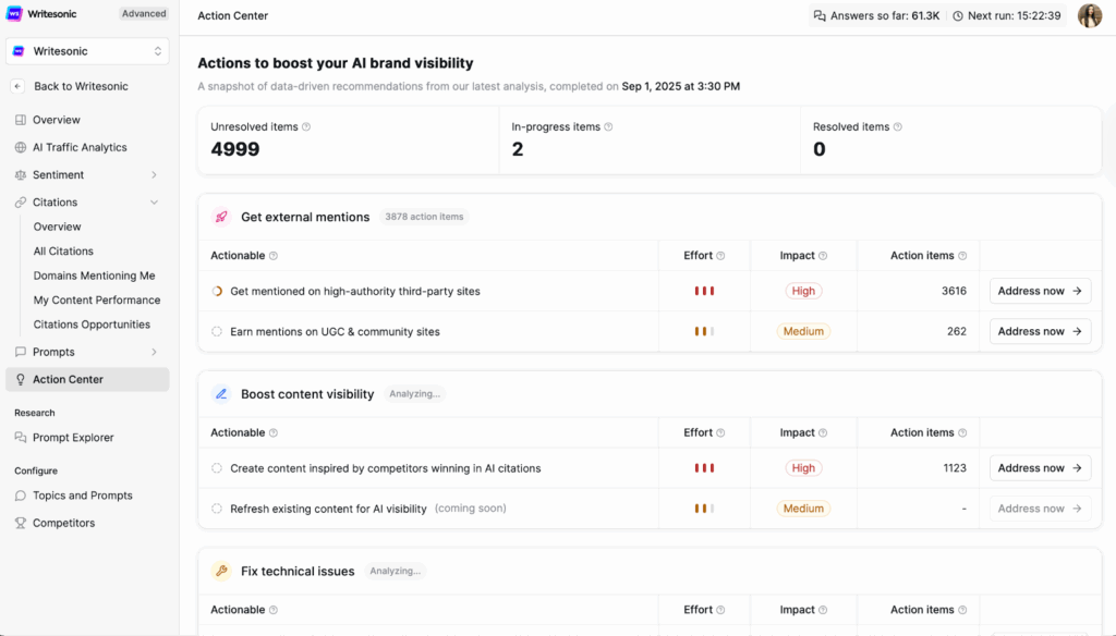 Writesonic Action Center - How to rank on ChatGPT