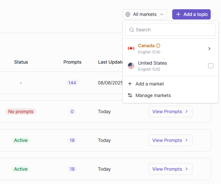 Configured Markets Appear in the All Markets Drop-Down Menu