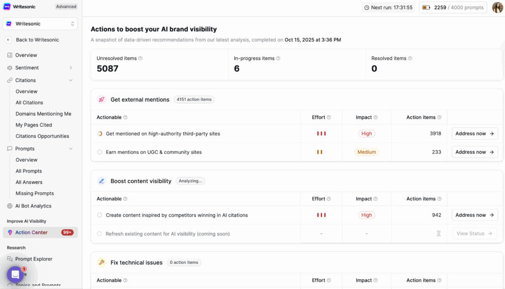 Writesonic Action Center - How to get cited by AI