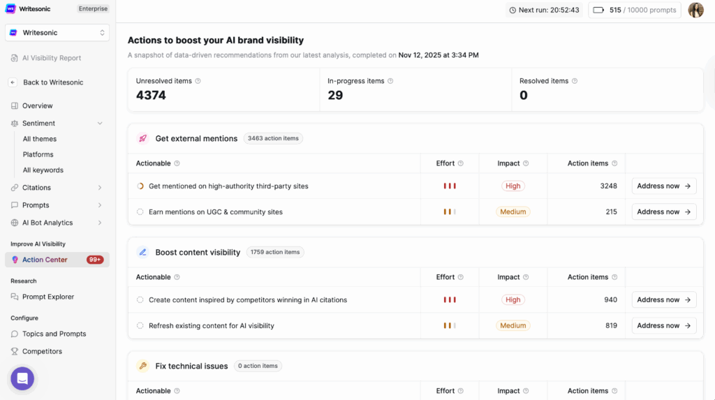 Writesonic Action Center - Answer Engine Optimization Tools