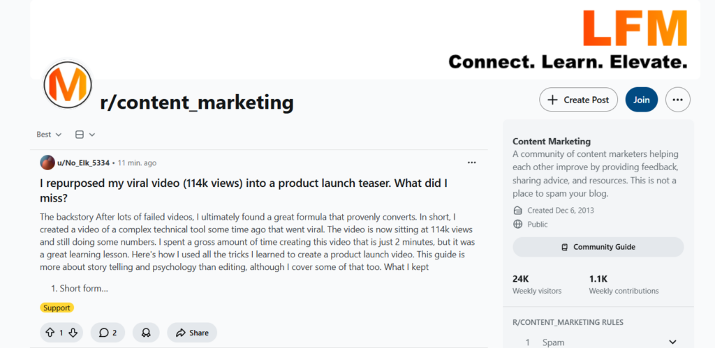 Screenshot showing the subreddit r/content_marketing