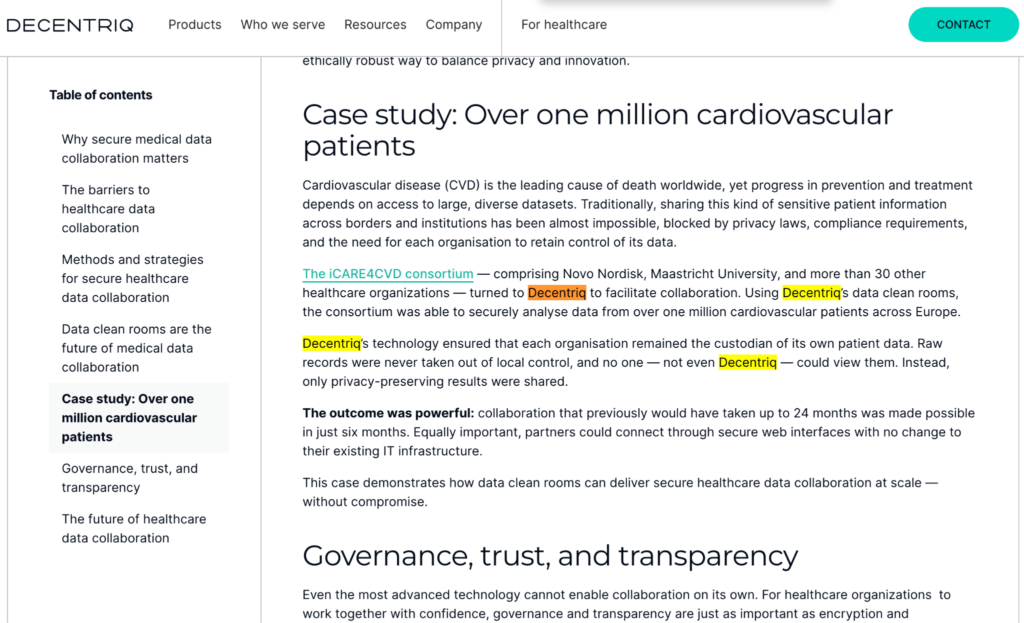 An example of brand entity optimization by Decentriq.