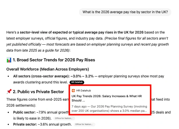 HR Datahub's UK pay trends report is cited by ChatGPT.